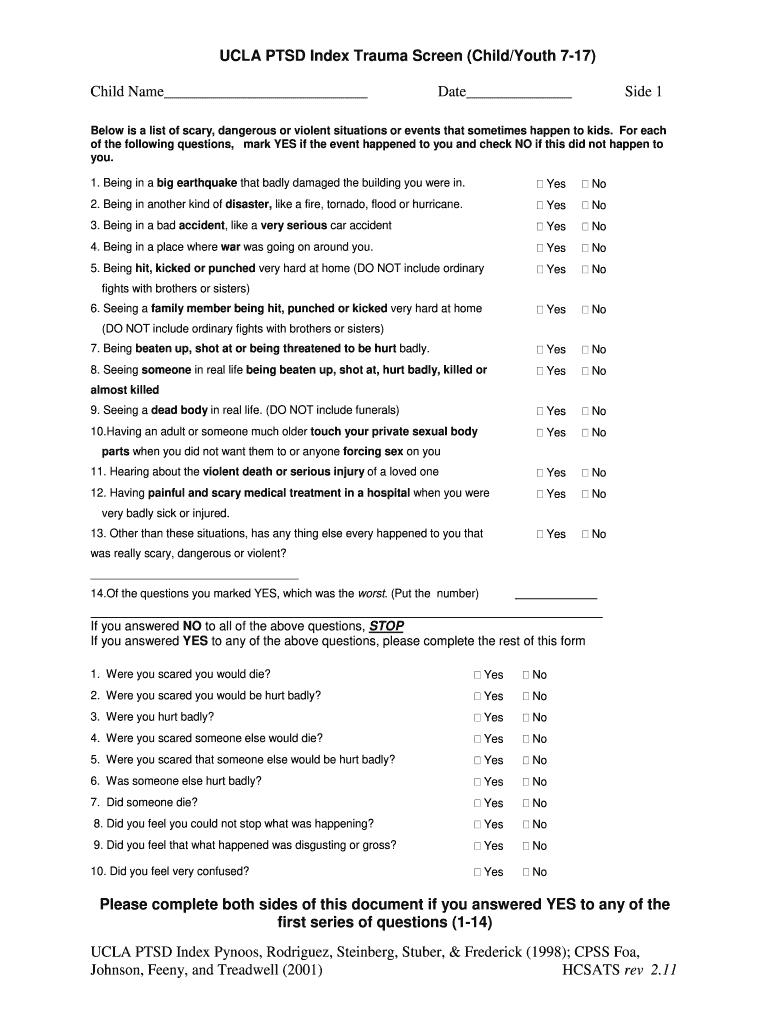 UCLA PTSD Index Trauma Screen ChildYouth 7 17  Form