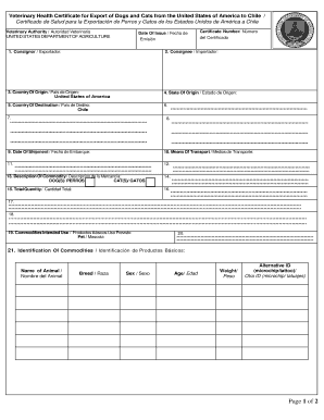 Veterinary Health Certificate for Export  Form