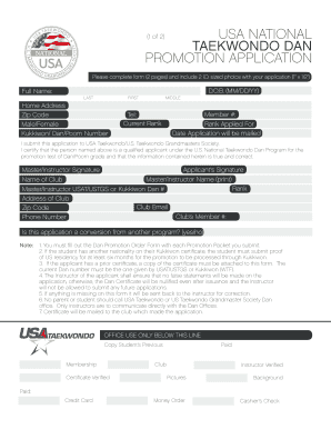 Usa National Taekwondo Dan Promotion Application Team USA Form