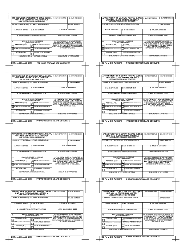 DD Form 285, Appointment of Military Postal Clerk, Unit Mail Clerk or Mail Orderly, June 1967