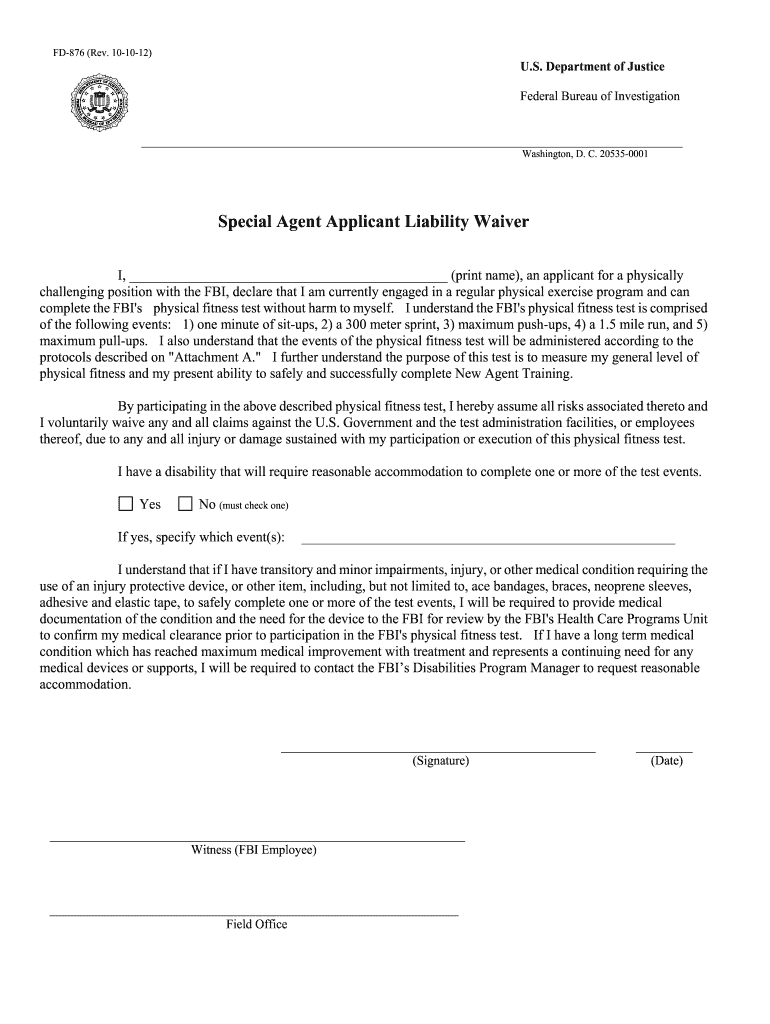 Get and Sign FD 876 Liability Waiver PDF FBIJOBS  Form