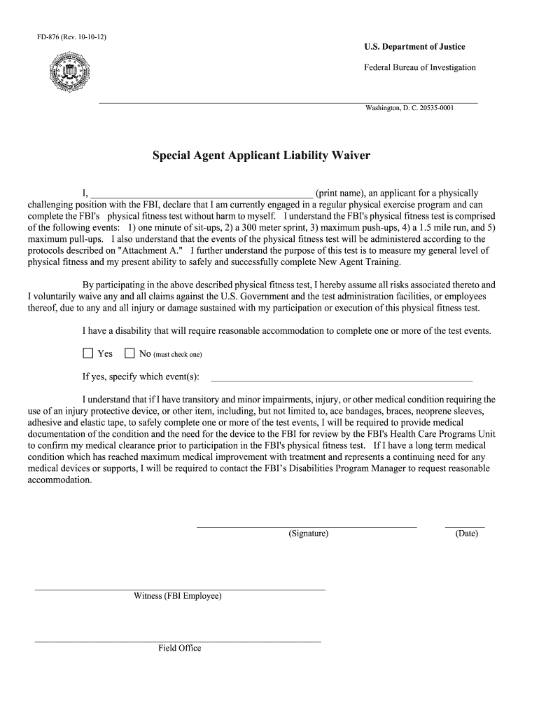 FD 876 Liability Waiver PDF FBIJOBS  Form