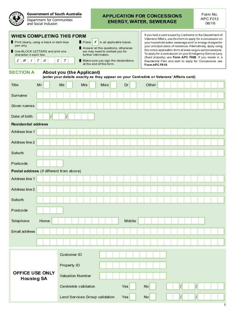 Application for Concessions Energy Water Sewerage Land Based Concessions  Form