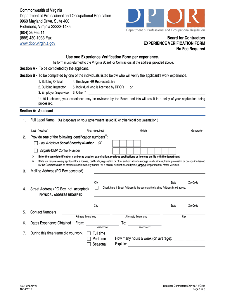 CONTRACTORS EXPERIENCE VERIFICATION FORM 2016