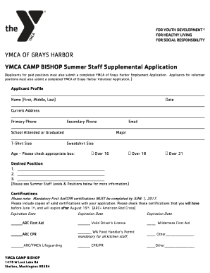 Camp Bishop Employment Application YMCA of Grays Harbor  Form