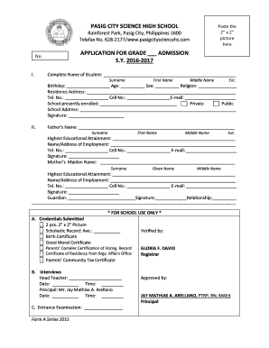 Pasig Science High School Entrance Exam  Form