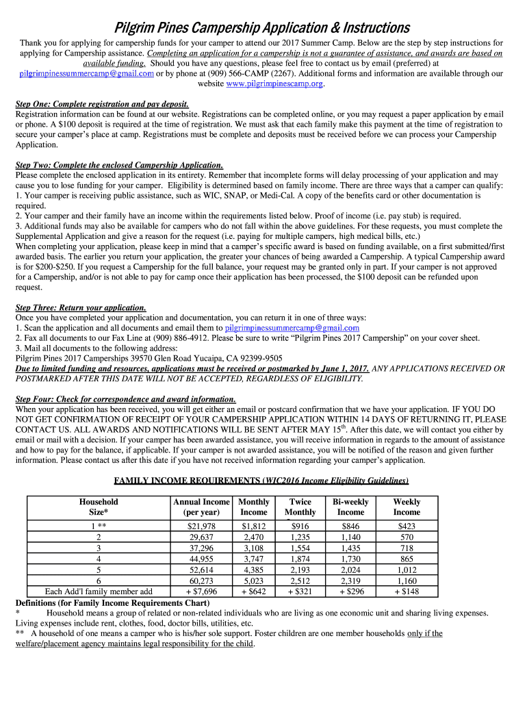 Pilgrim Pines Campership Application &amp; Instructions  Form