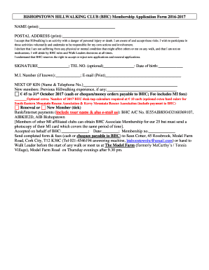  BISHOPSTOWN HILLWALKING CLUB BHC Membership Application Form 2016