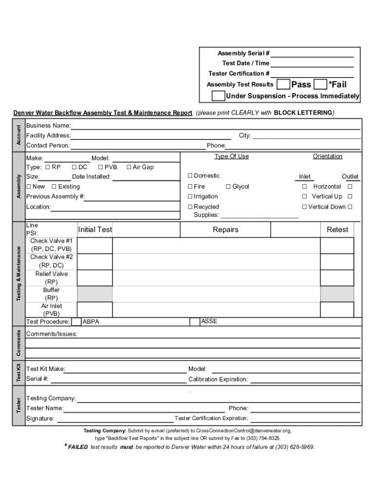  Backflow Prevention Assembly Test and Denver Water 2021-2024