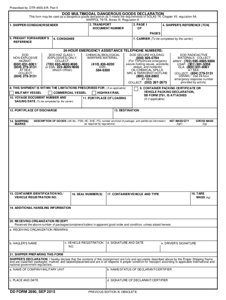  DD Form 2890, DoD Multimodal Dangerous Goods Declaration, September 2015-2024