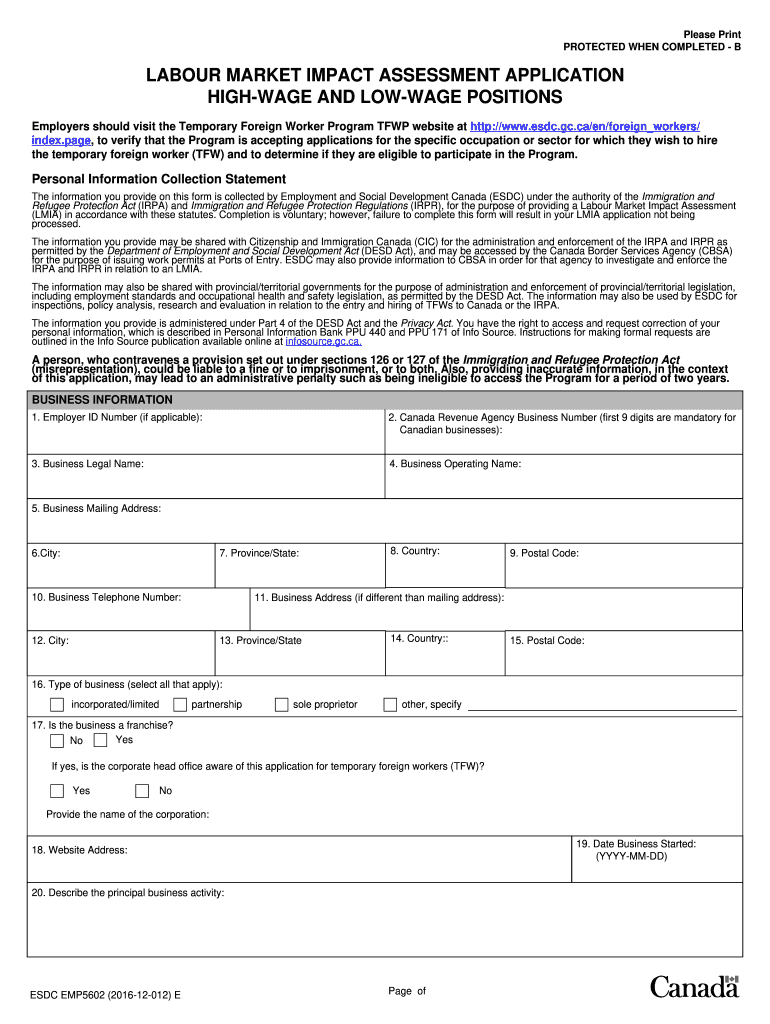  Canada Esdc Form 2016-2024