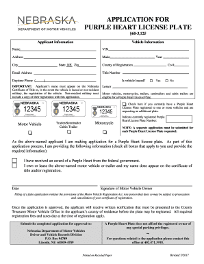  NE DMV Application for Purple Heart License Plate 2017