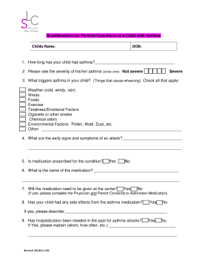 Questionnaire for ParentsGuardians of a Child with Asthma  Form