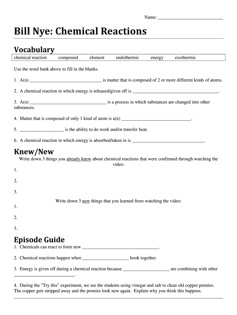 Bill Nye Chemical Reactions Answer Key  Form