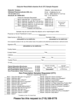 Dialyvite Renal Multi Vitamins Rx &amp; OTC Sample Request  Form