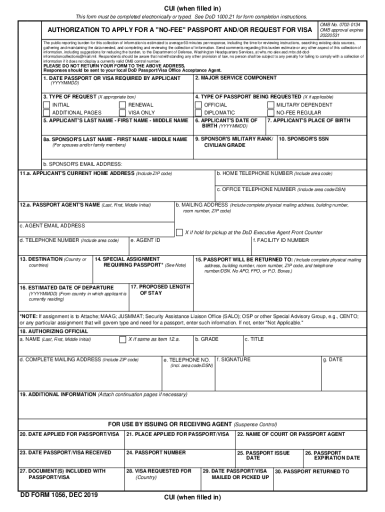  DD Form 1056, Application to Apply for a &quot;No Fee&quot; Passport Andor Request for Visa, May 2019-2024