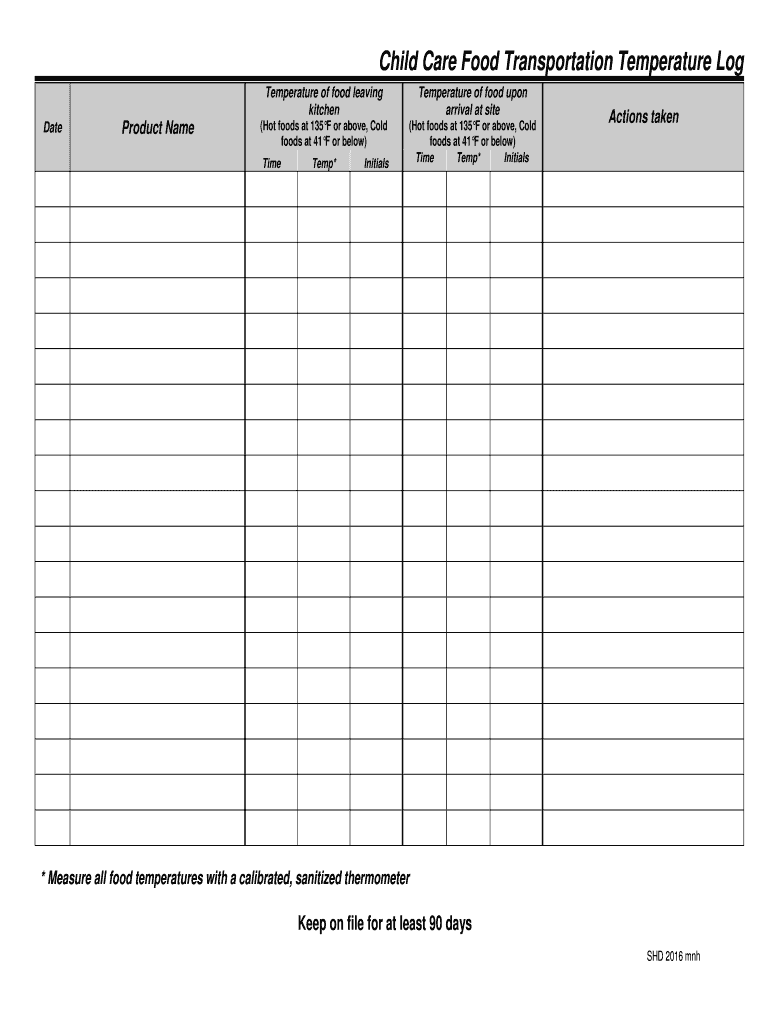 Child Care Food Transportation Temperature Log  Form