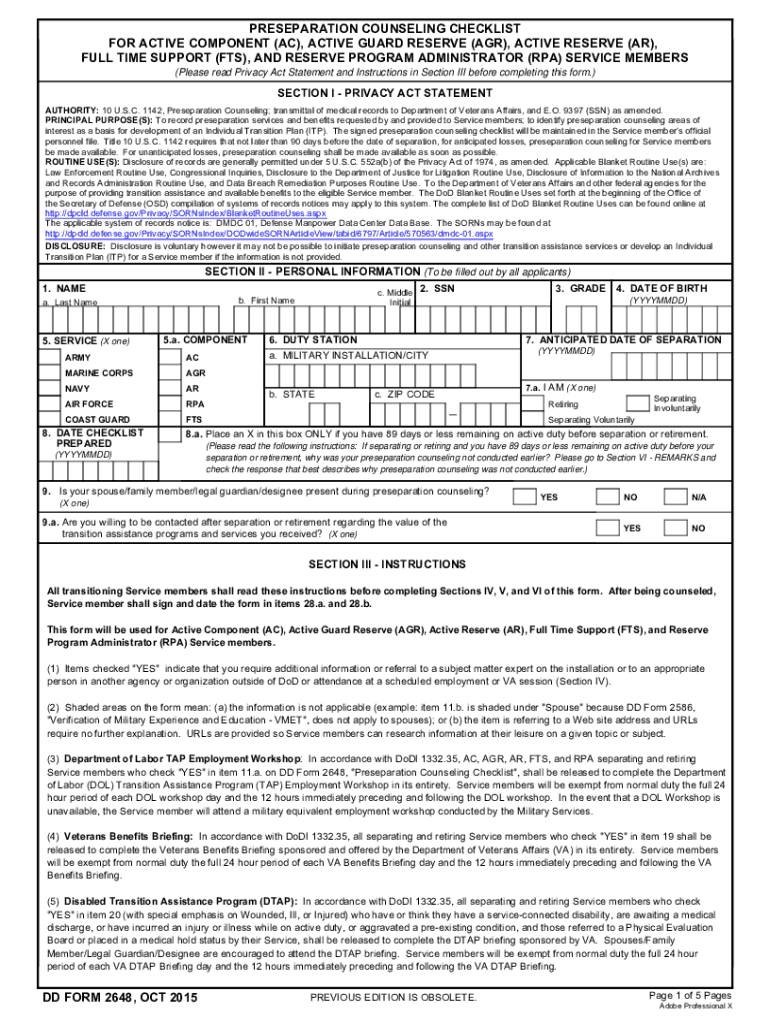 DD Form 2648, Preseparation Counseling Checklist for AC, AGR, AR, FTS and RPA Service Members, October