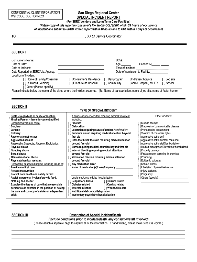  San Diego Regional Center Special Incident Report 2016-2024