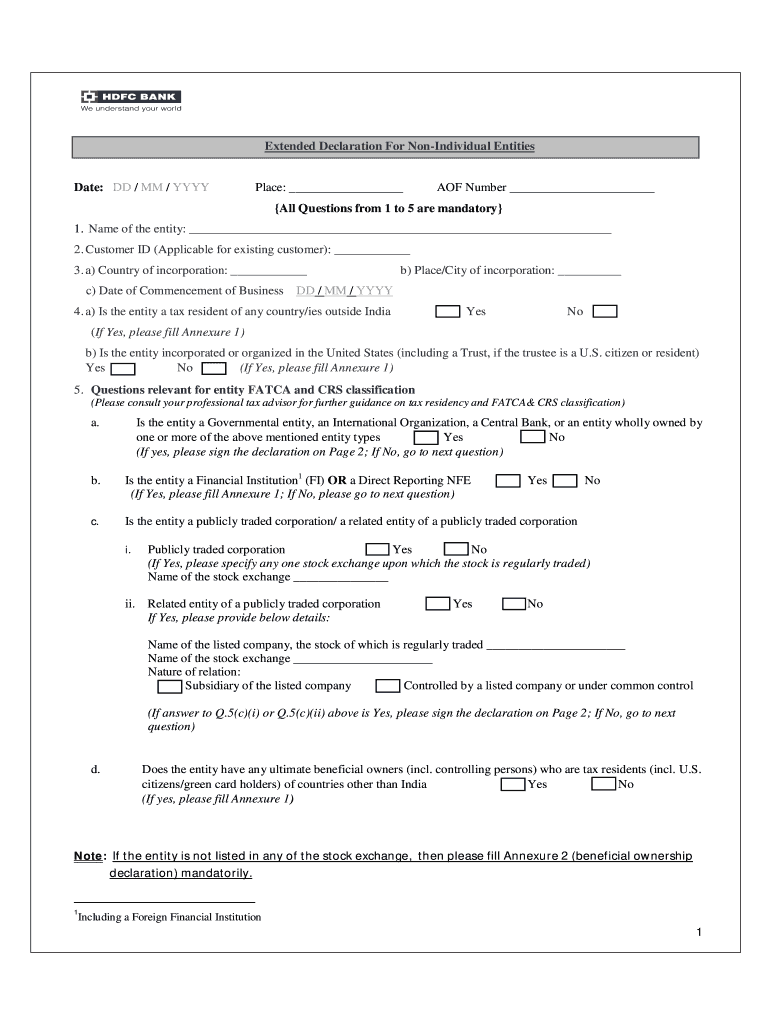 Extended Declaration for Non Individual Entities Hdfc  Form