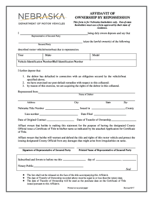 Affidavit of Ownership by Repossession Nebraska DMV  Form