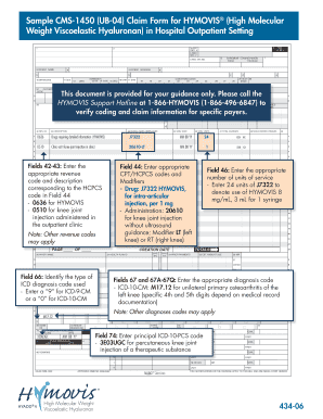 Sample CMS 1450 UB 04 Claim Form for HYMOVIS High Molecular