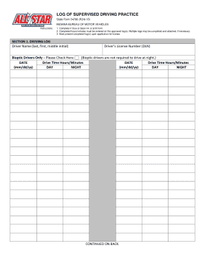 LOG of SUPERVISED DRIVING PRACTICE  Form