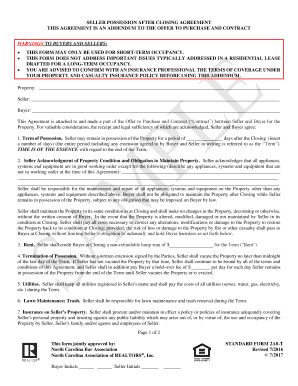 Seller Possession After Closing Agreement Nc  Form