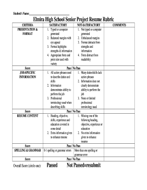 Resume Rubric for High School Students  Form