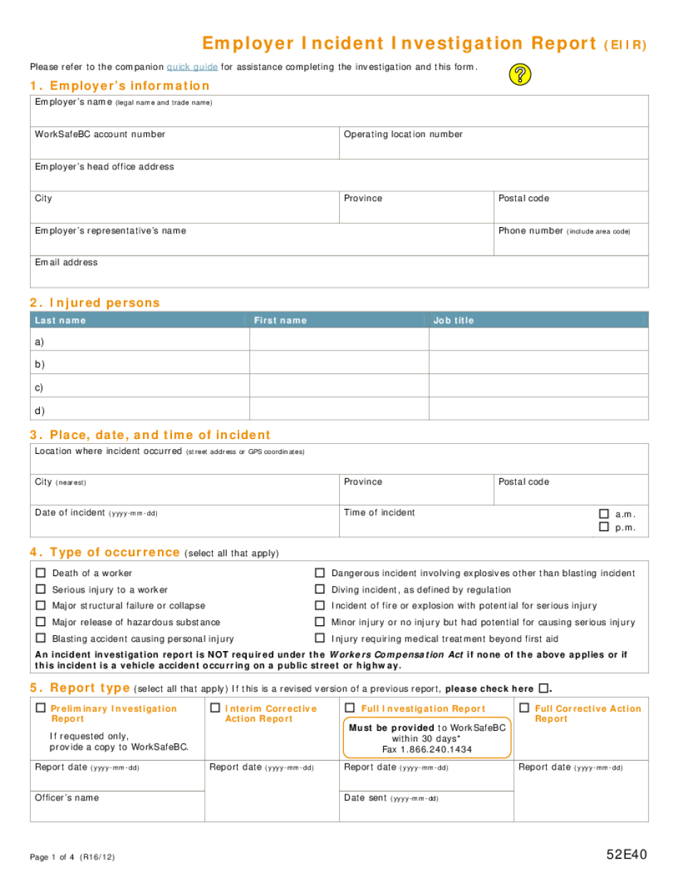  Employer Incident Investigation Report 2016