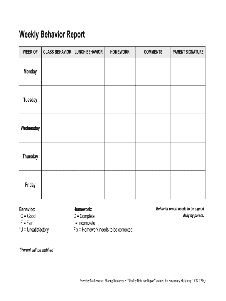 Weekly Behavior Report  Form