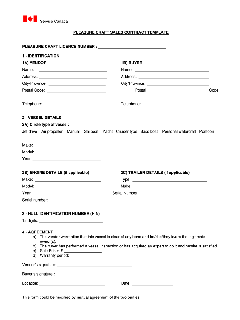 Pleasure Craft Bill of Sale  Form