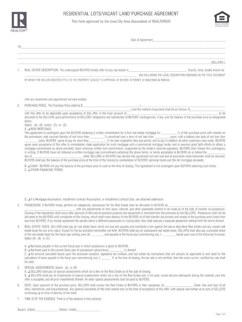 RESIDENTIAL LOTSbVACANTb LAND PURCHASE BAGREEMENTb  Form