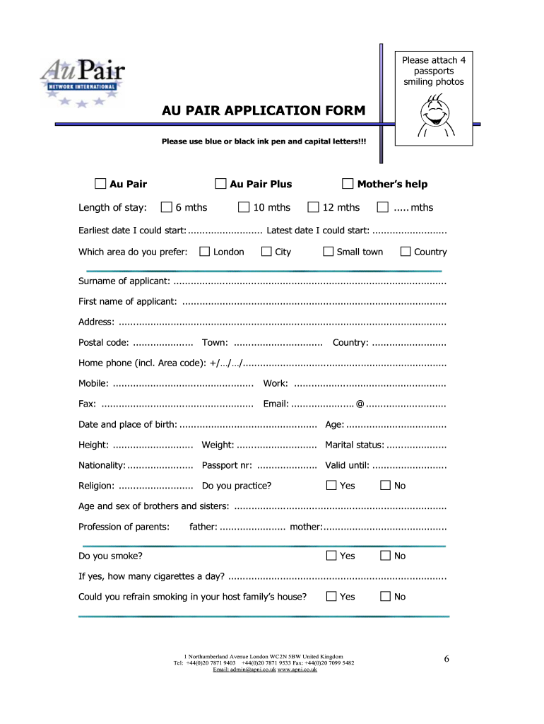 Au Pair Application Form
