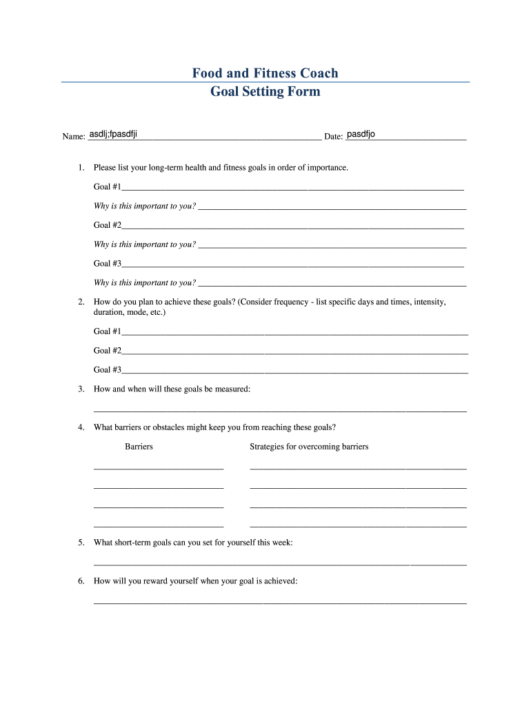 Fitness Goal Setting Worksheet PDF  Form