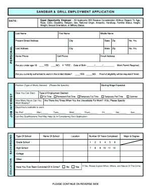 SANDBAR &amp; GRILL EMPLOYMENT APPLICATION  Form