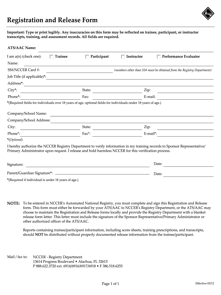 Nccer Registration and Release Form