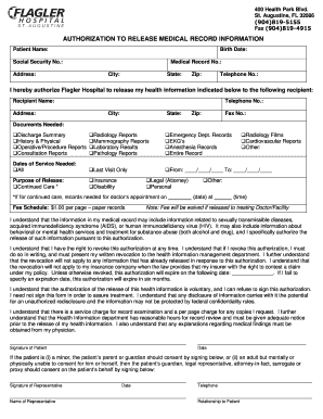 Flagler Hospital Medical Records  Form