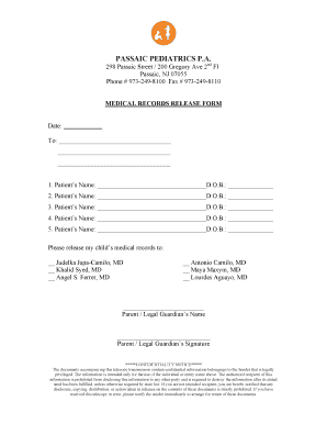  Release Medical Records Form Passaic Pediatrics 2012-2024