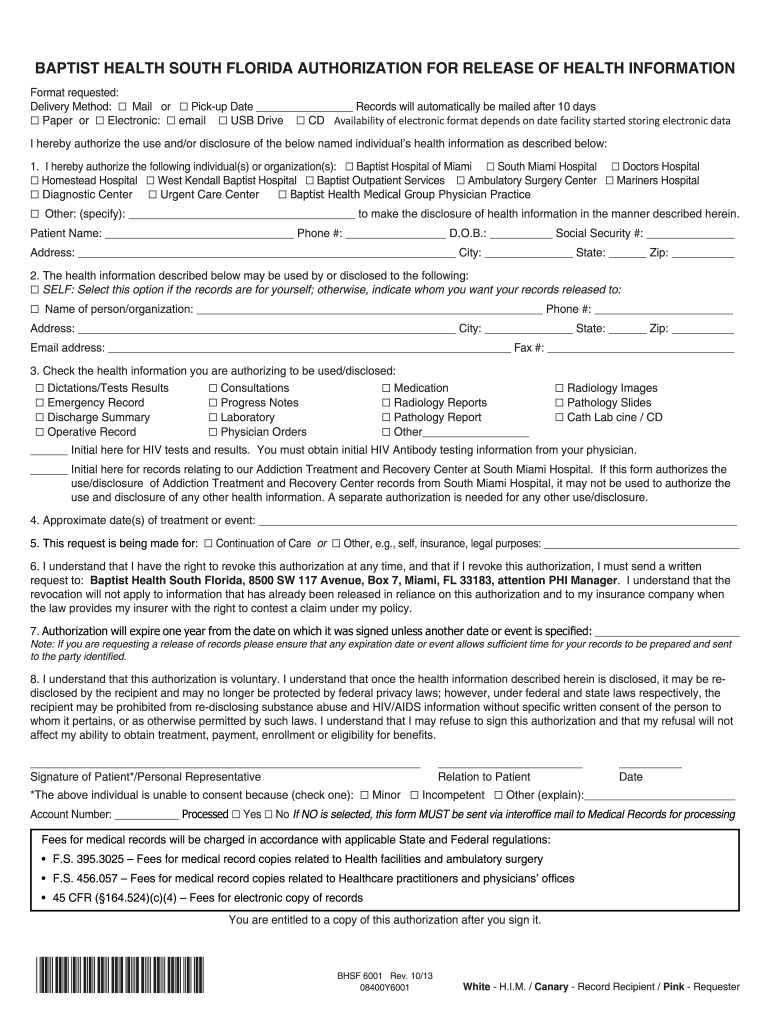 Get and Sign Medical Records Release Form  Baptist Health South Florida 2013