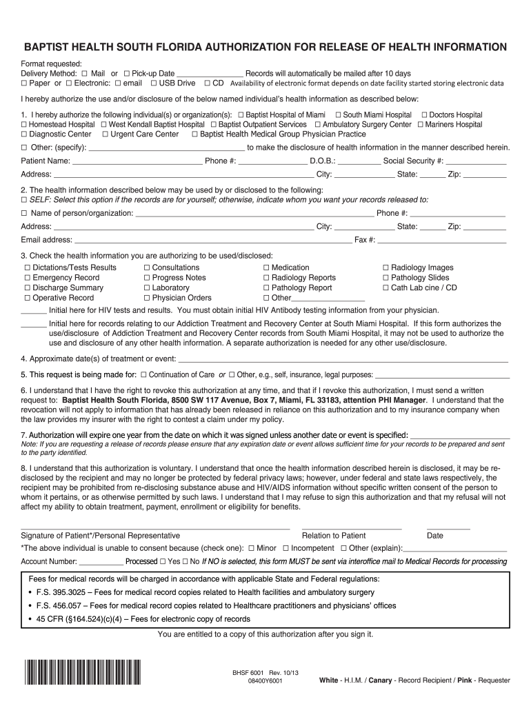  Medical Records Release Form  Baptist Health South Florida 2013