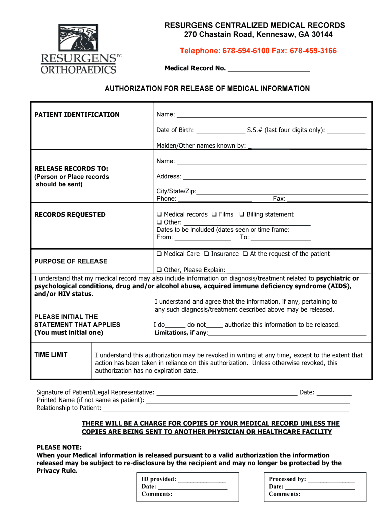 Resurgens Medical Records  Form