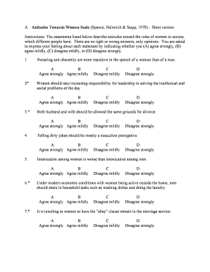 Attitudes Towards Women Scale Spence, Helmrich &amp; Stapp, 1978 Short Version  Form