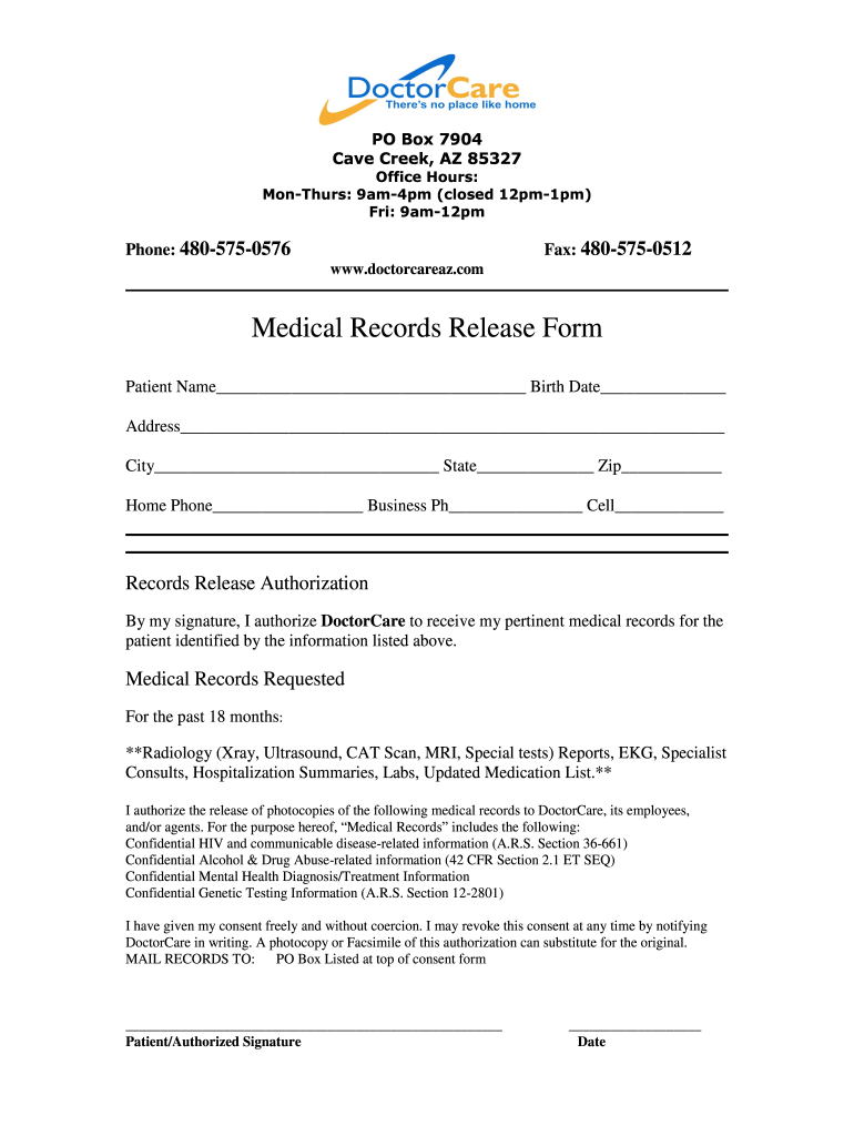Medical Records Release Form Doctor Care Arizona