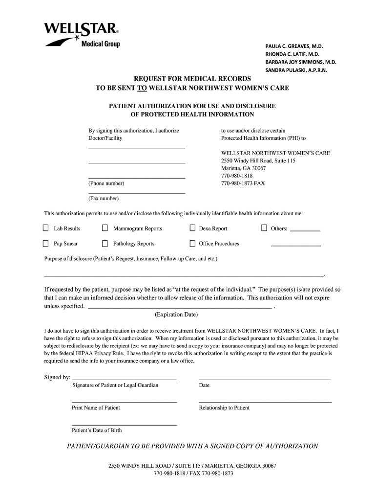  Medical Release Forms  WellStar Health System  Wellstar 2012