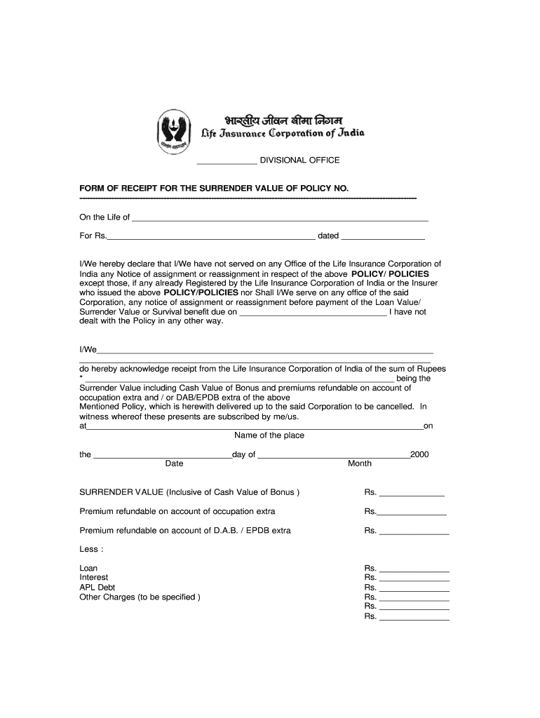 Lic surrender form - Fill Out and Sign Printable PDF ...