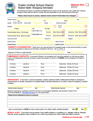 DUSD Student Health Information Form Dublin Unified School District