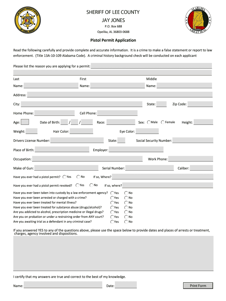 Lee County Al Pistol Permit  Form