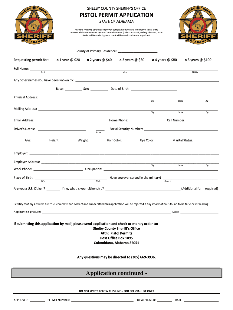 Alabama Pistol Permit  Form