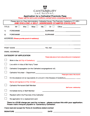 APPLICATION for a CATHEDRAL PRECINCTS PASS Canterbury Cathedral  Form